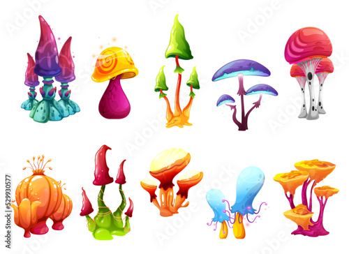 Magic fairy cartoon mushrooms of fantasy alien forest, vector toadstools and luminous trees. Fairy and witch amanita mushrooms of fantastic planet for game or fairy tale witchcraft, glowing neon fungi