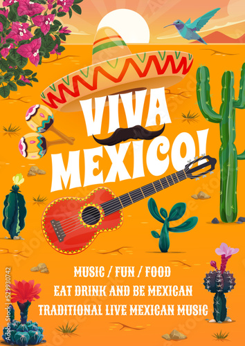 Mexican party flyer or fiesta and Mexico holiday poster, vector background. Mexican party or Latin carnival and music festival flyer with Viva Mexico, sombrero hat and guitar with maracas and mustache