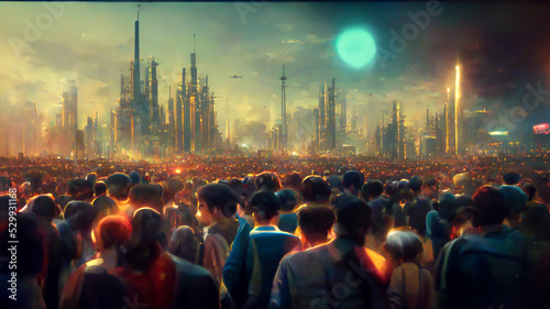 Fotografija Futuristic city in crowds of people on planet background