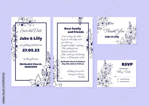 Set of wedding invitation templates, letters, thank you card, rsvp