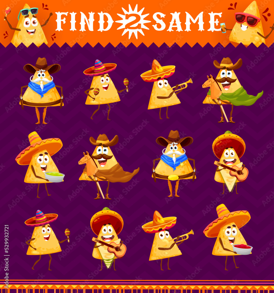Obraz premium Cartoon mexican nachos chips characters. Find two same personages. Kids vector worksheet game search similar tex mex snack cowboy with horse, mariachi musician in sombrero with guitar, maraca, trumpet