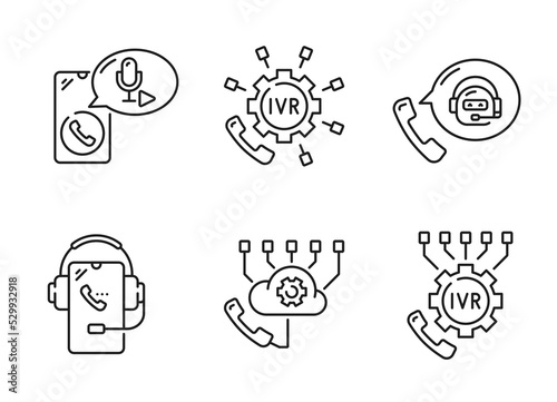 IVR icons, interactive voice response application system, call attendant center, line vector. IVR outline icons, automated telephone interaction service, interactive voice response technology