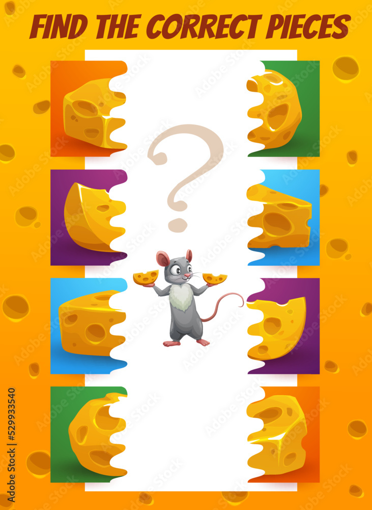 Find correct piece of cheese, kids game worksheet, vector puzzle