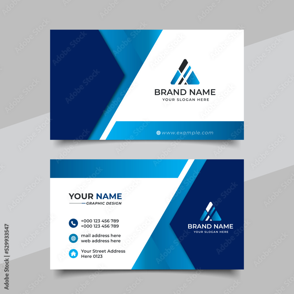 Naklejka premium Blue modern creative business card and name card horizontal simple clean template vector design