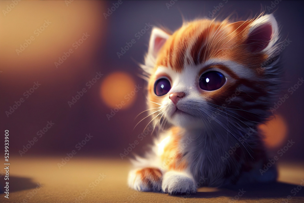 Cute little kitten, 3d illustration, adorable cartoon - obrazy, fototapety, plakaty 
