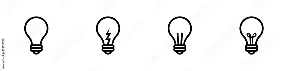 Conjunto de iconos de bombilla. Concepto de iluminación. Foco de luz.  Ilustración vectorial, estilo simple Stock Vector