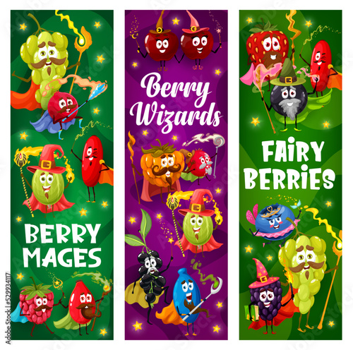 Cartoon berry wizard, mage, warlock and sorcerer characters. Vector banners with funny grapes, gooseberry, barberry and cranberry. Raspberry, rosehip, honeyberry and cloudberry, blackberry witches