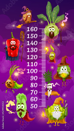 Kids height chart with cartoon vegetable magicians and wizards, vector growth meter. Child height chart or measure ruler with characters pepper, onion or potato and kohlrabi sorcerer with magic wands