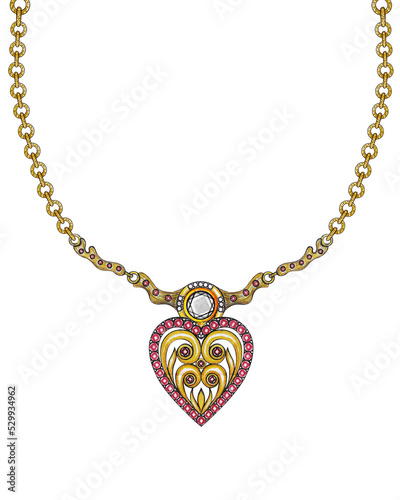 Wallpaper Mural Jewelry design vintage heart set with gems gold necklace.Hand drawing and painting on paper. Torontodigital.ca