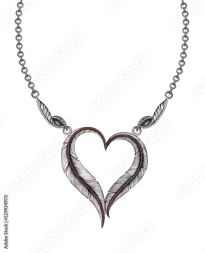 Jewelry design fancy feather heart necklace.Hand drawing and painting on paper.