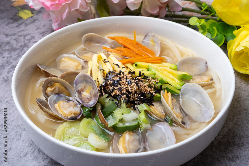 Korean Food Noodle Soup with Clams