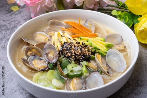 Korean Food Noodle Soup with Clams