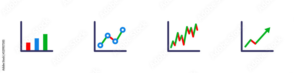 Conjunto de icono de estadísticas. Gráficos de estadísticas económicas de empresas o negocios. Concepto de finanzas, ventas, evaluación, economía. Ilustración vectorial de colores Conjunto de icono de estadísticas. Gráficos de estadísticas económicas de empresas o negocios. Concepto de finanzas, ventas, evaluación, economía. Ilustración vectorial de colores