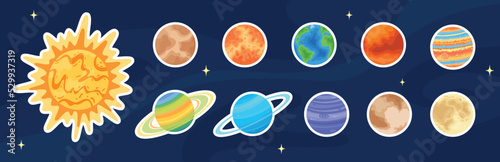 Flat solar system planet art sticker set, comic space sphere vector patch, cartoon round celestial object design label collection on blue cosmic background for science game graphic illustration