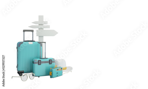 travel insurance form, travel and protection concept umbrella surrounded by luggage, camera, sunglasses, hat with scooter and car plane passport on yellow backgound 3d render illustration