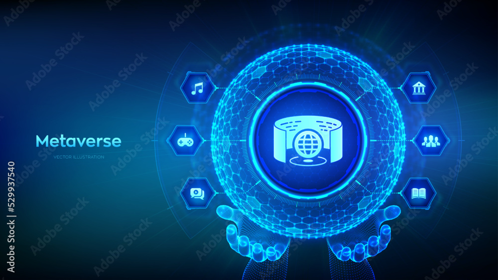 Metaverse virtual world technology concept. 3D visualization and simulation. Artificial intelligence. Augmented reality and virtual technology. Hexagonal grid sphere in wireframe hands. Vector. Metaverse virtual world technology concept. 3D visualization and simulation. Artificial intelligence. Augmented reality and virtual technology. Hexagonal grid sphere in wireframe hands. Vector.