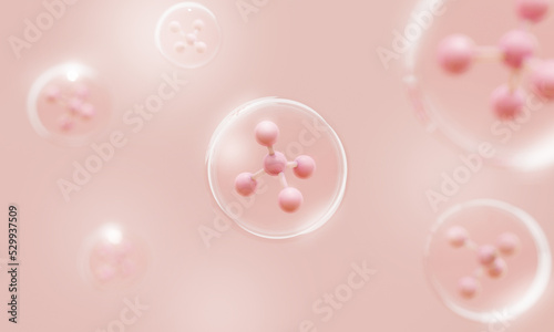 Molecule atoms inside bubbles on pink skin background. Cosmetics skincare or human skin treatment and solution. 3d illustration rendering