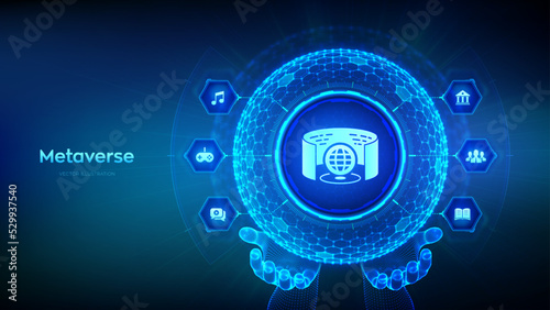 Metaverse virtual world technology concept. 3D visualization and simulation. Artificial intelligence. Augmented reality and virtual technology. Hexagonal grid sphere in wireframe hands. Vector.
