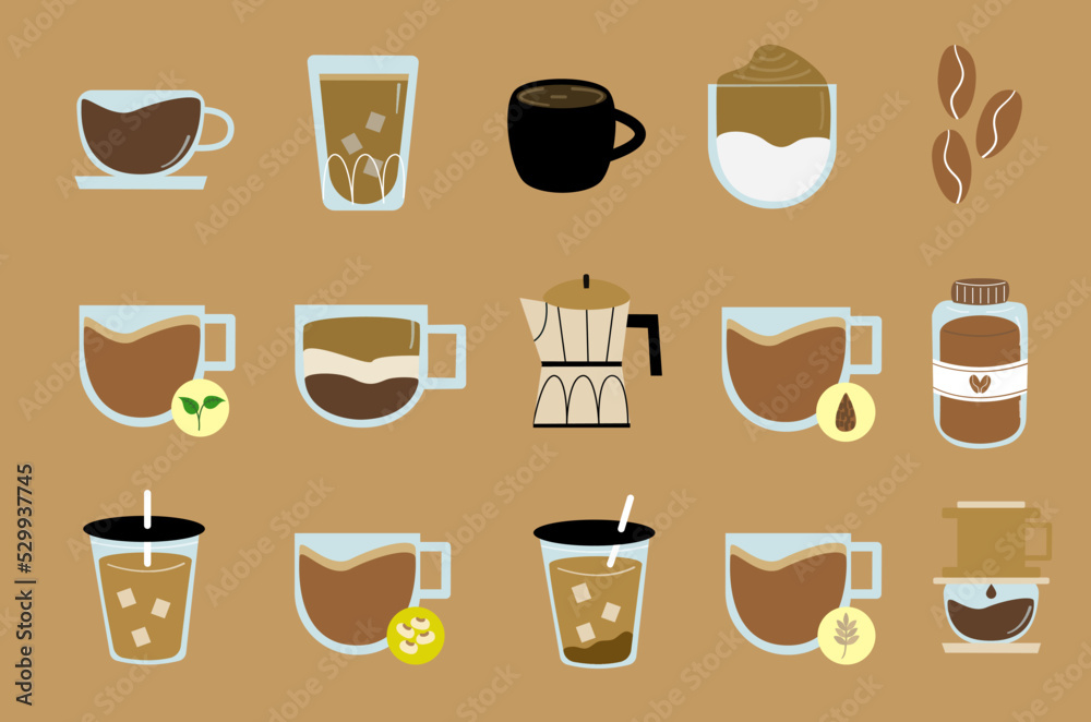 Set of flat vector illustration coffee variations and maker icon Set of flat vector illustration coffee variations and maker icon