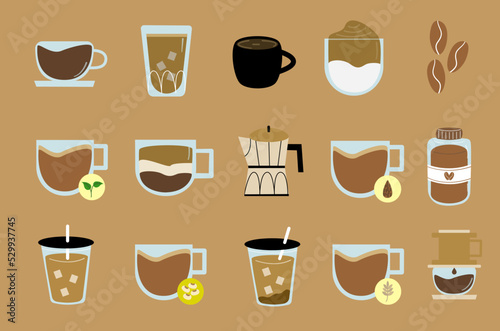 Set of flat vector illustration coffee variations and maker icon