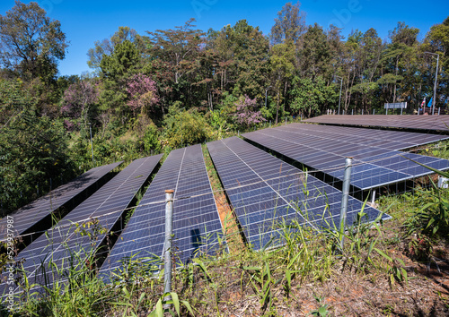 Solar cell in Solar power station on Doi Pangkhon mountain one of the large coffee plantation farm in Chiang Rai province of Thailand. photo