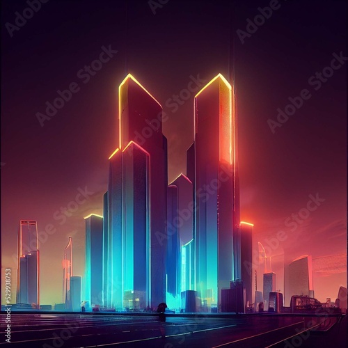3D Rendering of neon mega city with light reflection from puddles on street heading toward buildings. Concept for night life, business district center (CBD)Cyber punk theme, tech background 