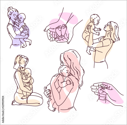 Seth woman with a child. Line drawing by hand. The mother holds the child in her arms and hugs. Children's hands in the hands of the mother. Vector in flat lay