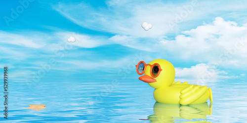 3d inflatable duck floats in the sea with sunglasses, cloud on blue sky background. summer travel concept, 3d render illustration photo