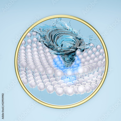 3d ventilate shows water splash transparent with vortex, whirlpool for diapers, synthetic absorbent layer and sanitary napkin, baby diaper adult concept, isolated on blue. 3d render illustration