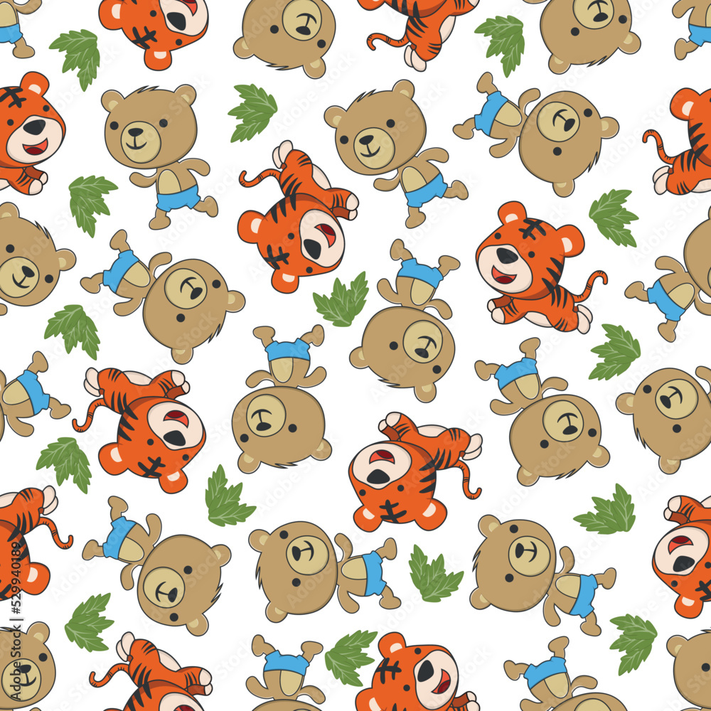 Obraz premium cute bear and tiger runs in Africa Funny Kid Graphic Illustration. Design concept for kids textile print, nursery wallpaper, wrapping paper. Cute funny background.