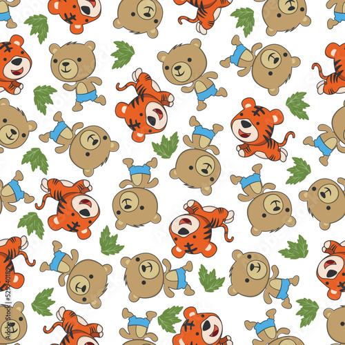 cute bear and tiger runs in Africa Funny Kid Graphic Illustration. Design concept for kids textile print, nursery wallpaper, wrapping paper. Cute funny background.
