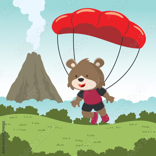 Vector illustration of a cute bear flying with a parachute. with cartoon style. Creative vector childish background for fabric textile, nursery wallpaper, card, brochure. vector illustration