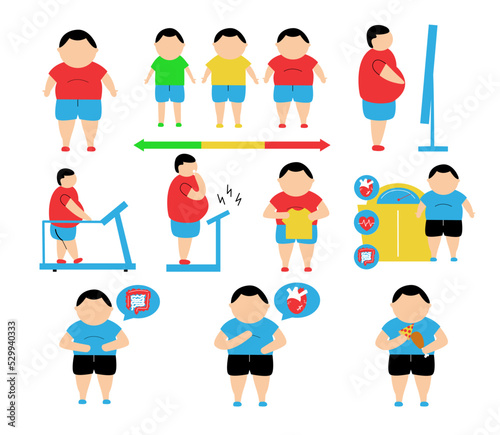 Vector set of overweight man and boy. Flat illustration style of obesity people with isolated background