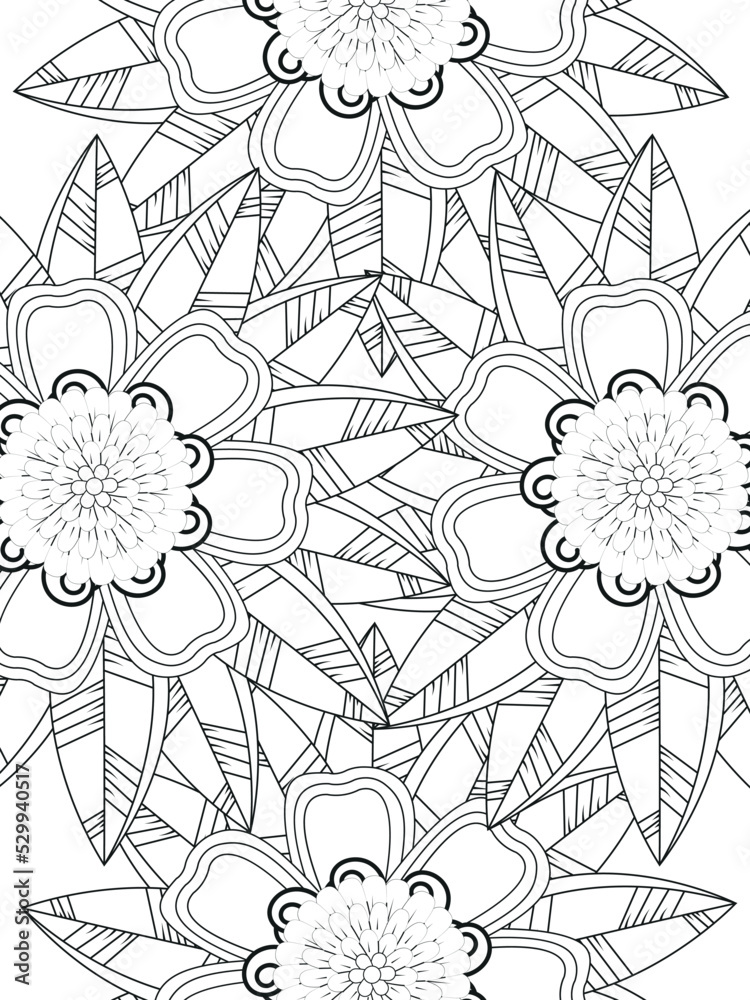 Doodle floral pattern in black and white. A page for coloring book: fascinating and relaxing job for children and adults. Zentangle drawing. Flower carpet in a magic garden Doodle floral pattern in black and white. A page for coloring book: fascinating and relaxing job for children and adults. Zentangle drawing. Flower carpet in a magic garden
