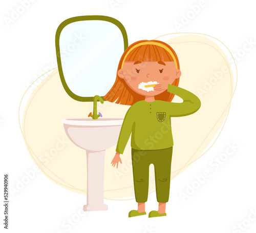 Cute red-haired girl brushing teeth vector illustration. Child stands at the sink with a mirror and performs morning bath procedures. Daily routine. Schedule. Illustration on abstract background