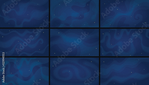 Deep space background set vector illustration. Cartoon style horizontal deep space backdrop collection with abstract star systems on blue color background group for astronomy wallpaper design set