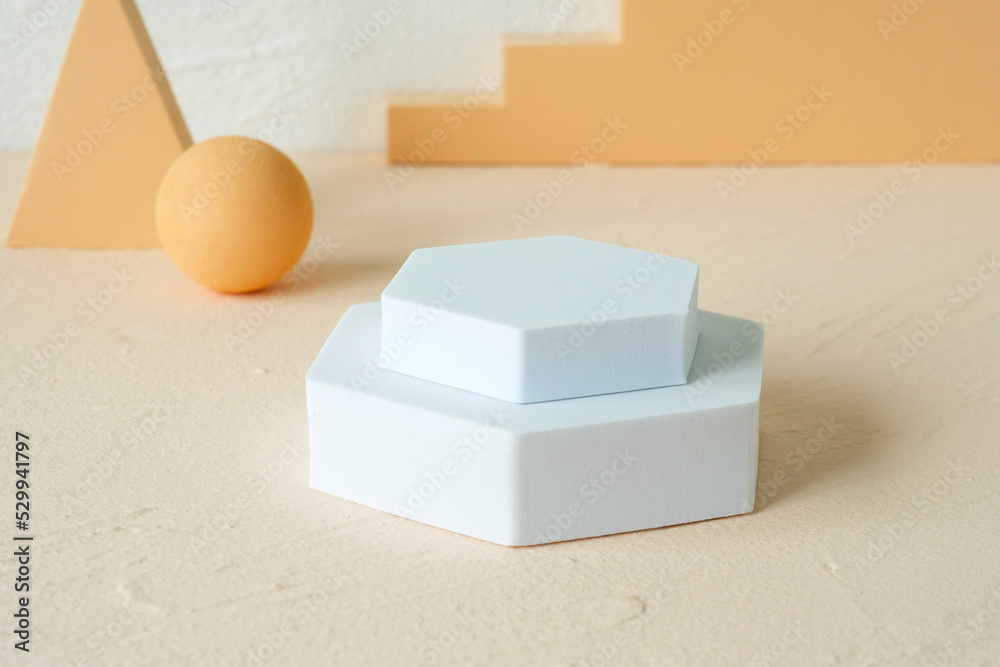 White geometric podium mock up for product display branding background, Empty template platform for product advertising and presentation White geometric podium mock up for product display branding background, Empty template platform for product advertising and presentation