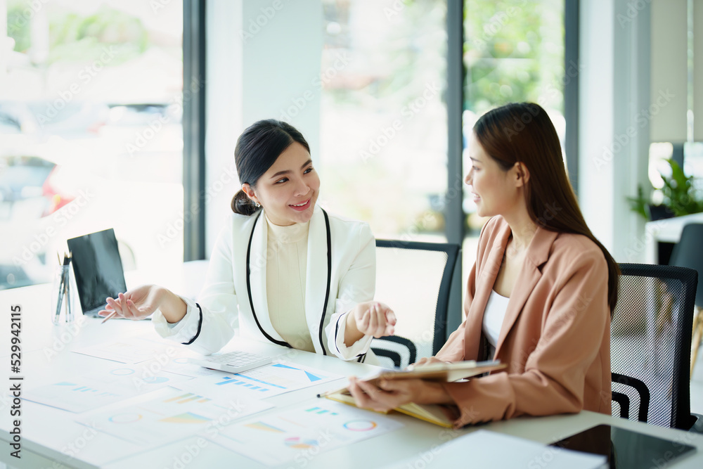 marketing employee and a salesperson using product documentation to plan sales. marketing employee and a salesperson using product documentation to plan sales.
