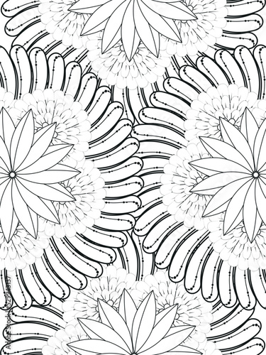 Doodle floral pattern in black and white. A page for coloring book: fascinating and relaxing job for children and adults. Zentangle drawing. Flower carpet in a magic garden