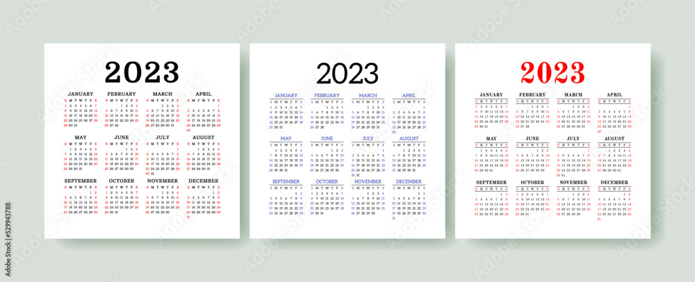Calendar 2023 year set. Vector square template collection. Ready design. January, February, March, April, May, June, July, August, September, October, November, December