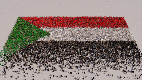 Aerial view of a Crowd of People, coming together to form the Flag of Sudan. Sudanese Banner on White Background. photo