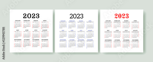 Calendar 2023 year set. Vector square template collection. Ready design. January, February, March, April, May, June, July, August, September, October, November, December