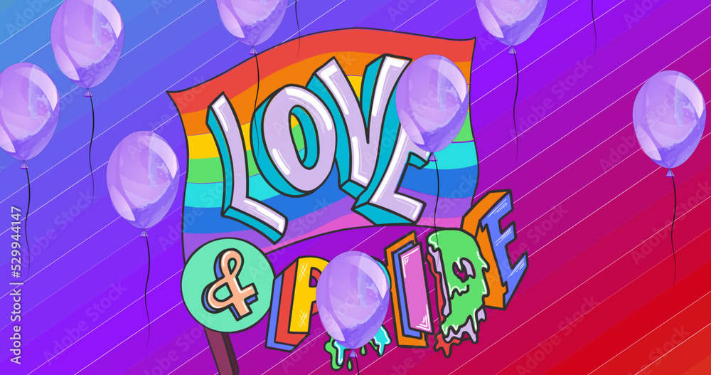 Image of balloons with rainbow love and pride text on rainbow background Image of balloons with rainbow love and pride text on rainbow background