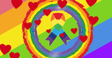 Image of hearts over rainbow ribbon on rainbow background
