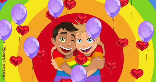 Image of ballons over hearts and boys embracing on rainbow background