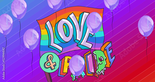 Image of balloons with rainbow love and pride text on rainbow background