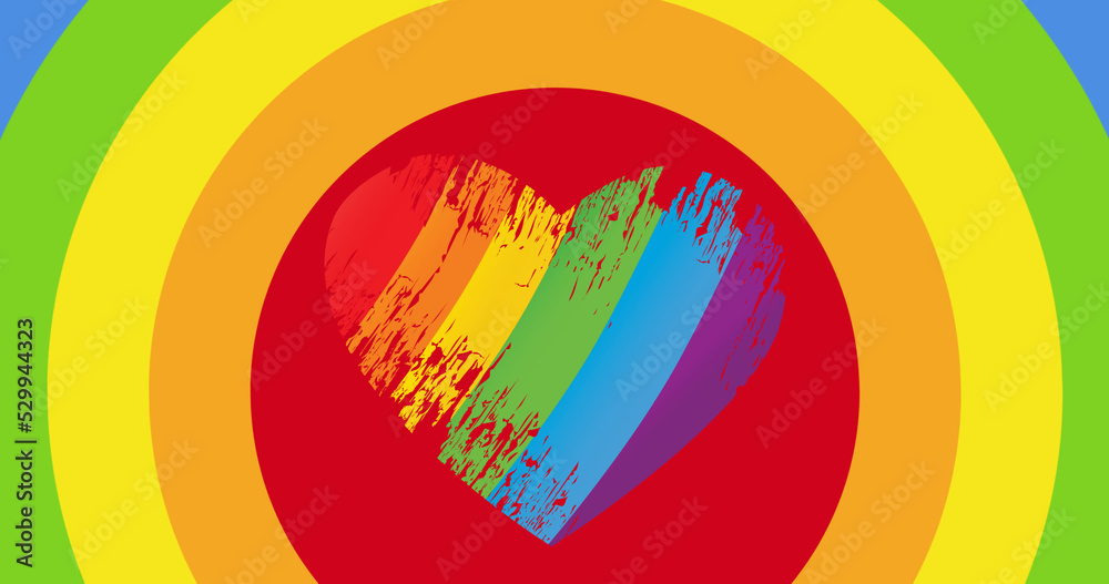 Image of rainbow heart over rainbow stripes