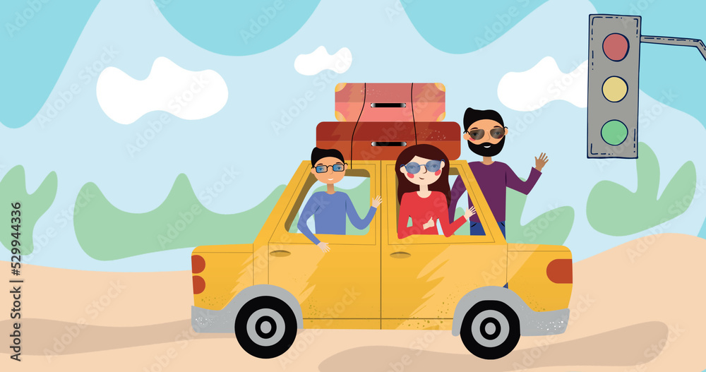 Fototapeta premium Composition of happy parents and child travelling on holiday together in car, with rural background