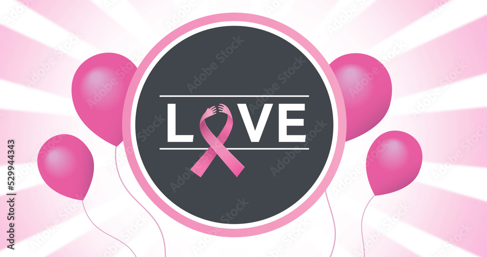 Fototapeta premium Image of flying pink balloon over pink ribbon logo and love text
