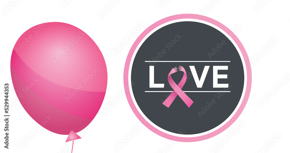 Obraz premium Image of flying pink balloon over pink ribbon logo and love text